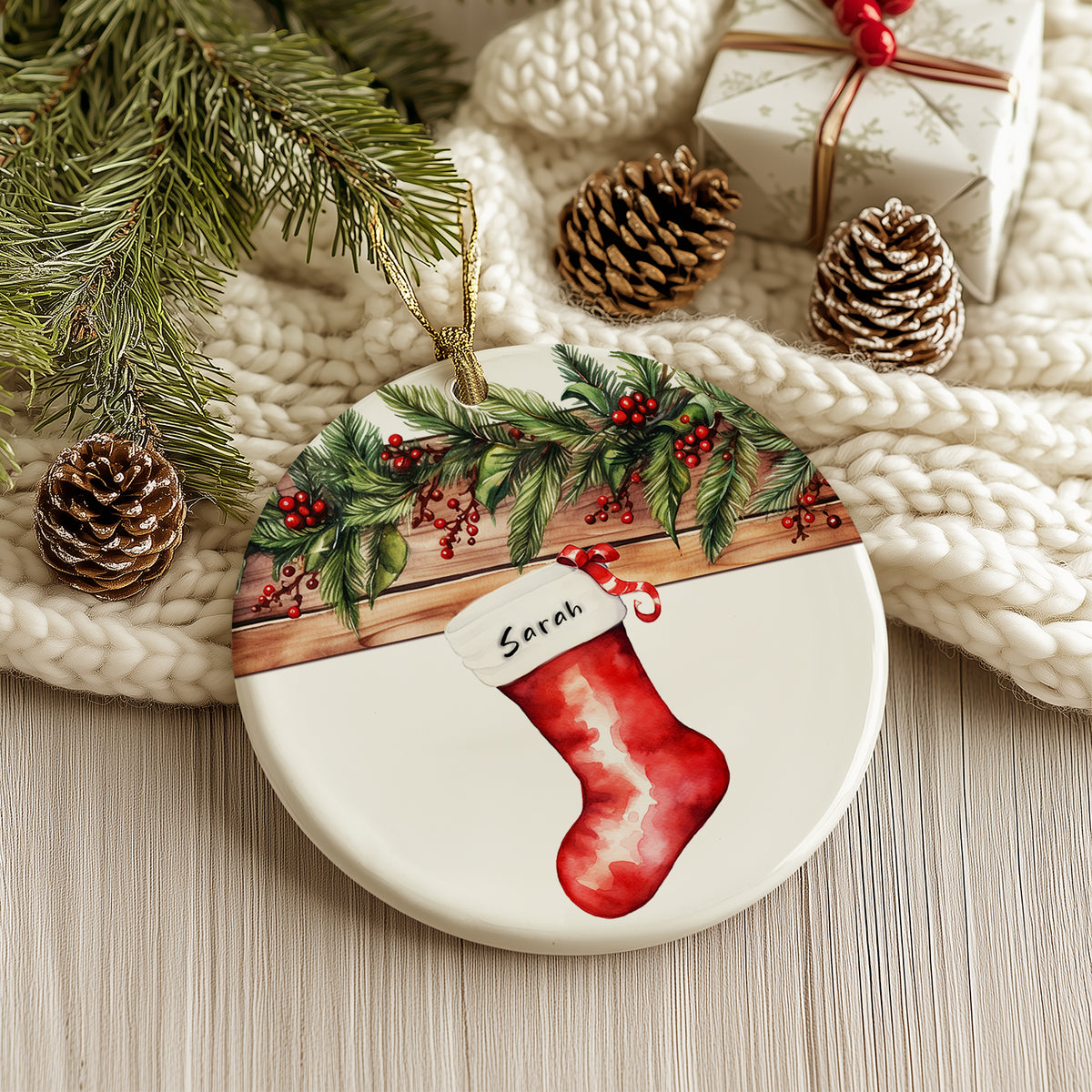 Personalized Christmas Stocking Ornament - Festive Holiday Design - 3” Ceramic Keepsake