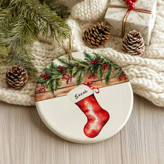 Personalized Christmas Stocking Ornament - Festive Holiday Design - 3” Ceramic Keepsake