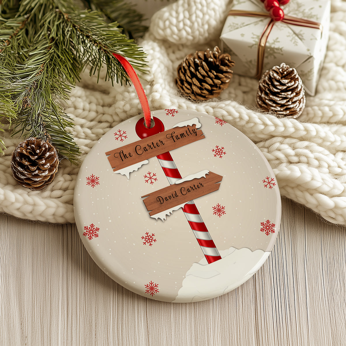 Personalized Family Christmas Ornament - North Pole Signpost Design - 3” Ceramic Keepsake 2024