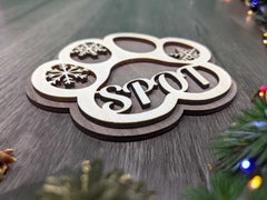 Custom Pet Paw Christmas Ornament – Personalized Dog or Cat Memorial Keepsake – Basswood Front & Walnut Backing, Optional Engraving – Holiday Pet Memorial Gift – 4.5” x 4.25”