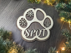 Custom Pet Paw Christmas Ornament – Personalized Dog or Cat Memorial Keepsake – Basswood Front & Walnut Backing, Optional Engraving – Holiday Pet Memorial Gift – 4.5” x 4.25”