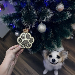 Custom Pet Paw Christmas Ornament – Personalized Dog or Cat Memorial Keepsake – Basswood Front & Walnut Backing, Optional Engraving – Holiday Pet Memorial Gift – 4.5” x 4.25”