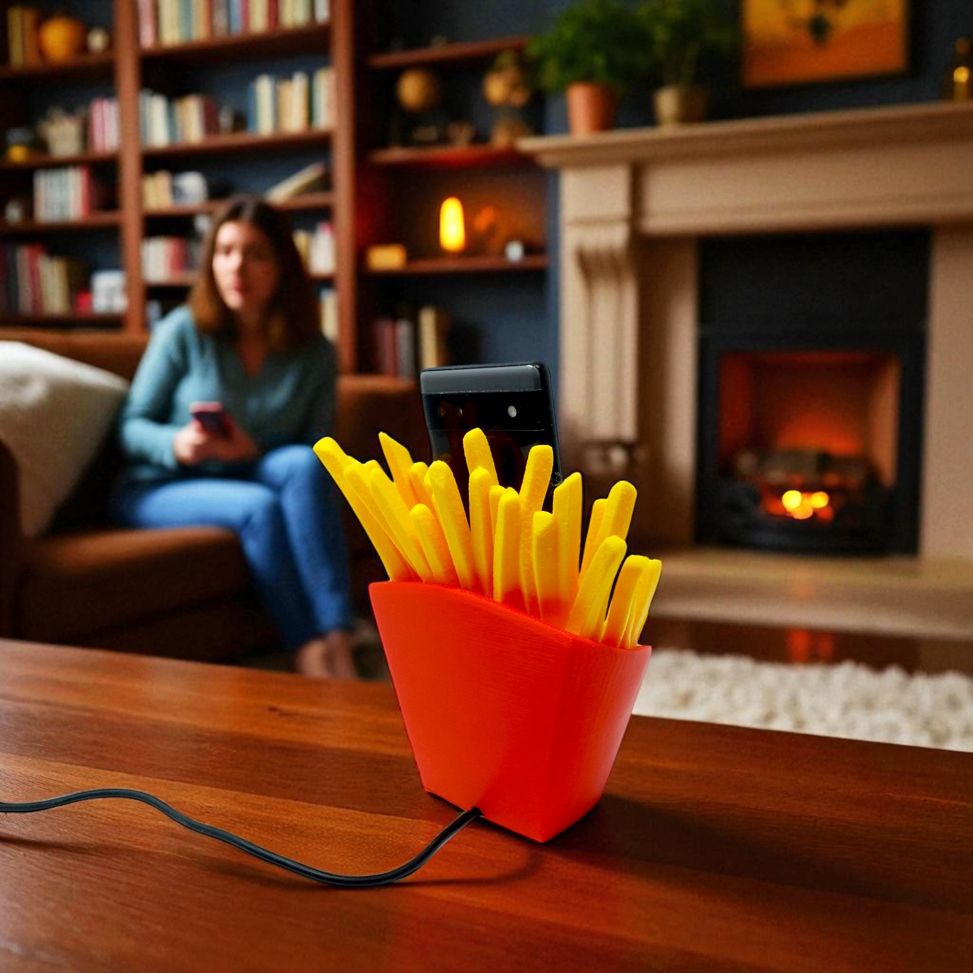 Funny Phone Holder For Desk With Charging Slot | Gift For Foodie Friend | French Fry Theme Gift | Housewarming Gift | Quirky Desk Decor