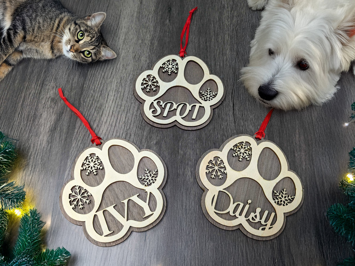 Custom Pet Paw Christmas Ornament – Personalized Dog or Cat Memorial Keepsake – Basswood Front & Walnut Backing, Optional Engraving – Holiday Pet Memorial Gift – 4.5” x 4.25”